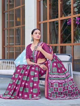 Suha - Burgundy Hand Block Print Saree with Unstitched Blouse