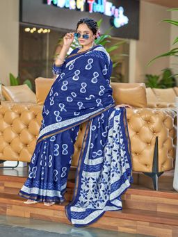 Suha - Blue Hand Block Print Saree with Unstitched Blouse
