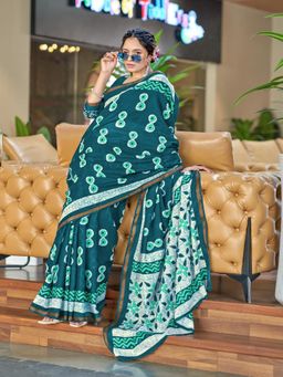 Suha - Teal Hand Block Print Saree with Unstitched Blouse