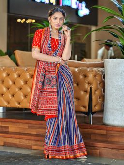 Suha - Orange Hand Block Print Saree with Unstitched Blouse