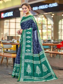 Suha - Blue Hand Block Print Saree with Unstitched Blouse