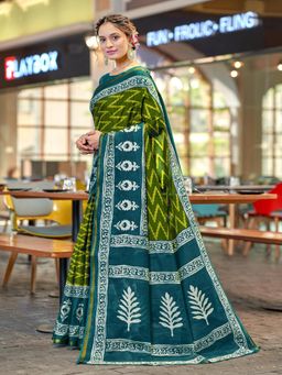 Suha - Green Hand Block Print Saree with Unstitched Blouse