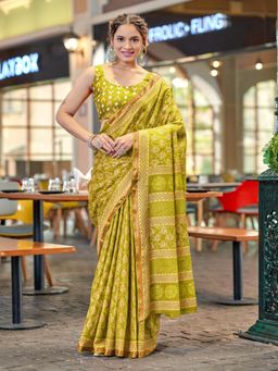 Suha - Green Hand Block Print Saree with Unstitched Blouse