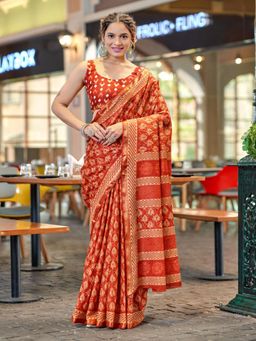 Suha - Orange Hand Block Print Saree with Unstitched Blouse