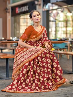 Suha - Maroon Hand Block Print Saree with Unstitched Blouse
