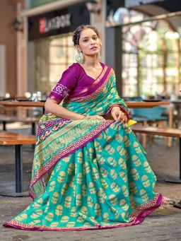 Suha - Teal Hand Block Print Saree with Unstitched Blouse