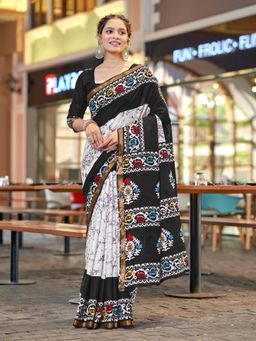 Suha - Black Hand Block Print Saree with Unstitched Blouse