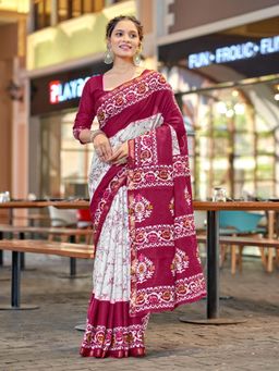 Suha - Maroon Hand Block Print Saree with Unstitched Blouse
