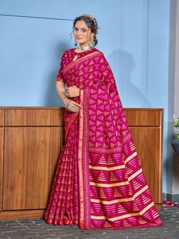 Suha - Magenta Hand Block Print Saree with Unstitched Blouse