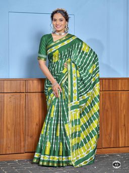 Suha - Green Hand Block Print Saree with Unstitched Blouse