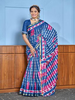 Suha - Blue Hand Block Print Saree with Unstitched Blouse