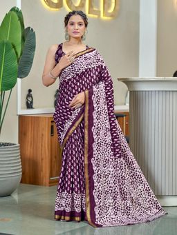 Suha - Wine Hand Block Print Saree with Unstitched Blouse