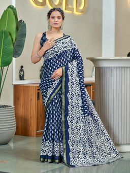 Suha - Blue Hand Block Print Saree with Unstitched Blouse