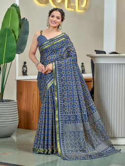 Suha - Blue Hand Block Print Saree with Unstitched Blouse