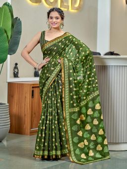 Suha - Green Hand Block Print Saree with Unstitched Blouse
