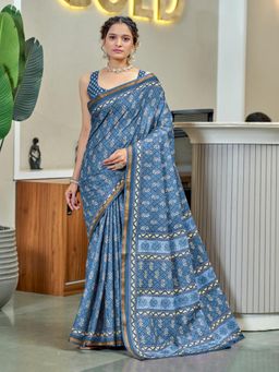 Suha - Blue Hand Block Print Saree with Unstitched Blouse