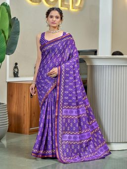 Suha - Purple Hand Block Print Saree with Unstitched Blouse