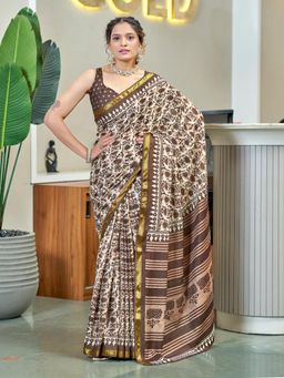 Suha - Brown Hand Block Print Saree with Unstitched Blouse