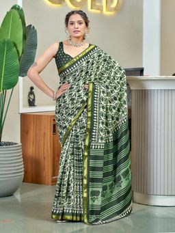 Suha - Green Hand Block Print Saree with Unstitched Blouse