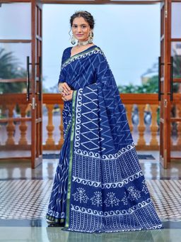 Suha - Blue Hand Block Print Saree with Unstitched Blouse