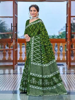 Suha - Green Hand Block Print Saree with Unstitched Blouse