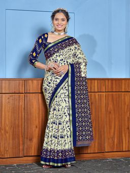 Suha - Blue Hand Block Print Saree with Unstitched Blouse