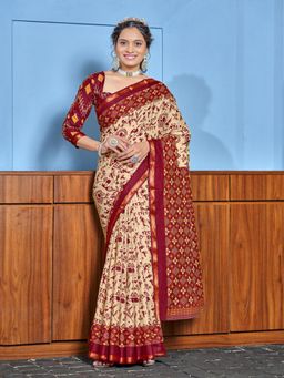 Suha - Maroon Hand Block Print Saree with Unstitched Blouse