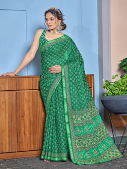 Suha - Green Hand Block Print Saree with Unstitched Blouse