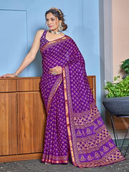 Suha - Purple Hand Block Print Saree with Unstitched Blouse