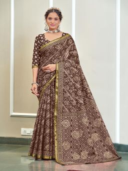 Suha - Brown Hand Block Print Saree with Unstitched Blouse
