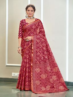 Suha - Red Hand Block Print Saree with Unstitched Blouse