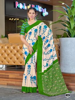 Suha - Green Ikat Print Mulmul Cotton Saree with Unstitched Blouse