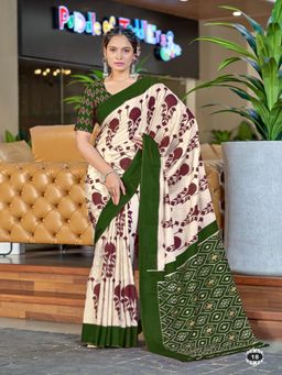 Suha - Olive Ikat Print Mulmul Cotton Saree with Unstitched Blouse