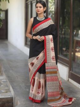 Suha - Black Ajrakh Fancy Hand Block Mulmul Cotton Saree with Unstitched Blouse