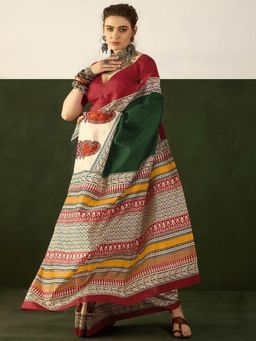 Suha - Green Ajrakh Fancy Hand Block Mulmul Cotton Saree with Unstitched Blouse