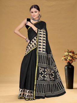 Suha - Black Hand Block Print Saree with Unstitched Blouse