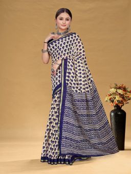 Suha - Beige Hand Block Print Saree with Unstitched Blouse