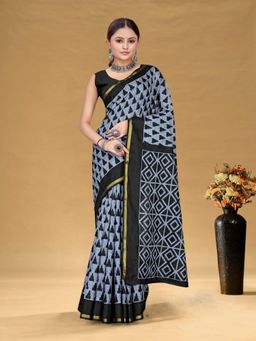 Suha - Grey Hand Block Print Saree with Unstitched Blouse