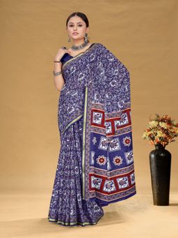Suha - Blue Hand Block Print Saree with Unstitched Blouse