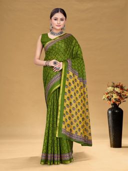 Suha - Olive Hand Block Print Saree with Unstitched Blouse