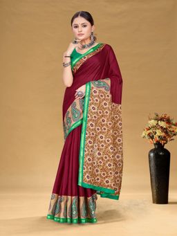Suha - Maroon Hand Block Print Saree with Unstitched Blouse