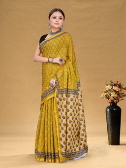 Suha - Mustard Hand Block Print Saree with Unstitched Blouse