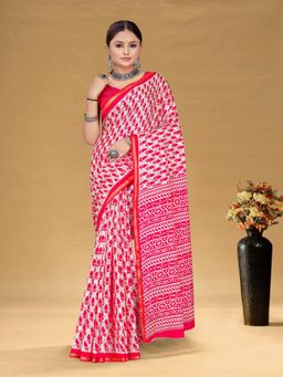 Suha - Pink Hand Block Print Saree with Unstitched Blouse