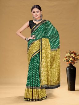 Suha - Green Hand Block Print Saree with Unstitched Blouse