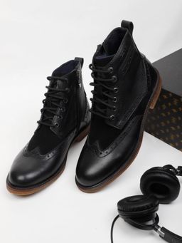 EZOK - Men Leather Lace-up Black Casual Boots