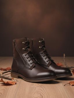 EZOK - Men Leather Lace-up with Zip Brown Casual Boots