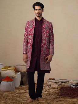 KALPRAAG - Ikkat Hot Pink Indowestern Sherwani With Kurta And Pant