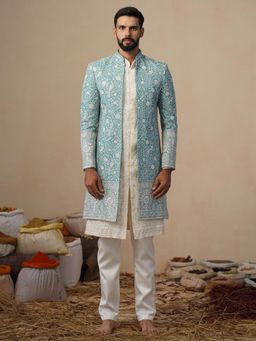 KALPRAAG - Jahan Sky Blue Indowestern Sherwani With Kurta And Pant