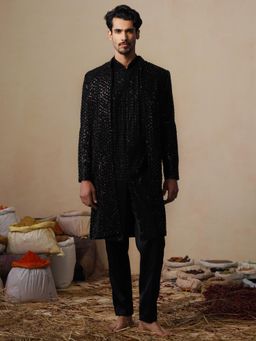 KALPRAAG - Ved Cut Dana Black Indowestern Kurta with Sherwani and Pant