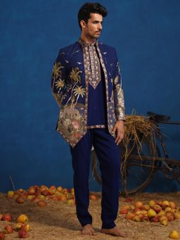 KALPRAAG - Forest Navy Blue Jodhpuri Jacket With Short Kurta And Pant